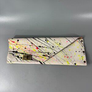 HOB White Leather with a Splatter Paint Pattern Long Clutch